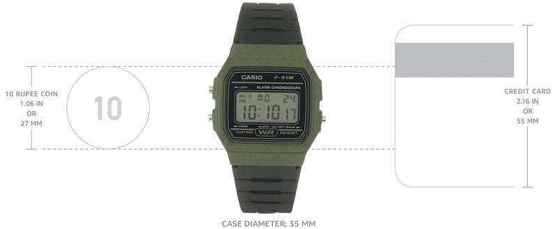 Load image into Gallery viewer, Casio Unisex Watch in Resin/Acrylic Glass with Date Display and LED Light - Water Resistance & Alarm, Green, 38.2 x 35.2 x 8.5 mm, Strap (F-91WM-3AEF)