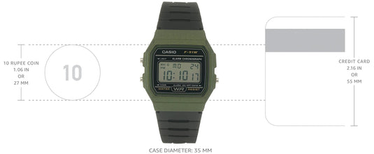 Casio Unisex Watch in Resin/Acrylic Glass with Date Display and LED Light - Water Resistance & Alarm, Green, 38.2 x 35.2 x 8.5 mm, Strap (F-91WM-3AEF)