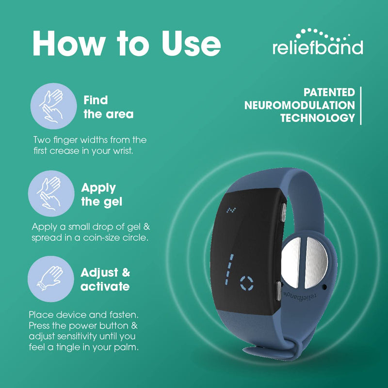 Load image into Gallery viewer, Reliefband Premier | FDA Cleared | Vomiting Relief for Motion Sickness (Car, Air, Train, Sea), & Morning Sickness | Drug Free (Slate Blue)