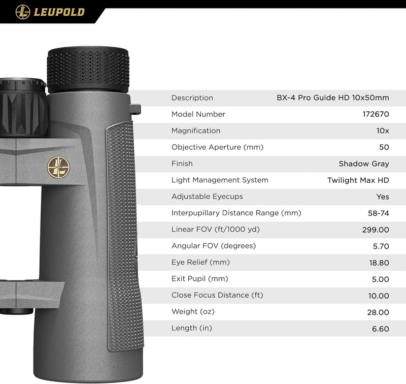 Load image into Gallery viewer, Leupold BX-4 Pro Guide HD Binoculars, 10x50mm, Shadow Gray (172670)