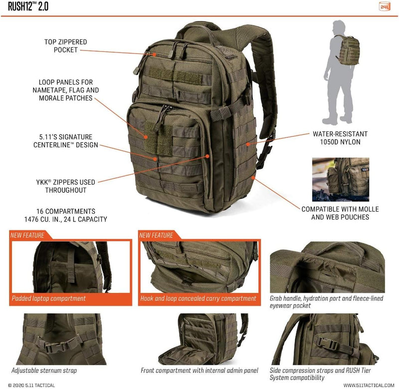 Load image into Gallery viewer, 5.11 Tactical Backpack Rush 12 2.0 Military Molle Pack, CCW and Laptop Compartment, 24 Liter, Small, Style 56561, Kangaroo