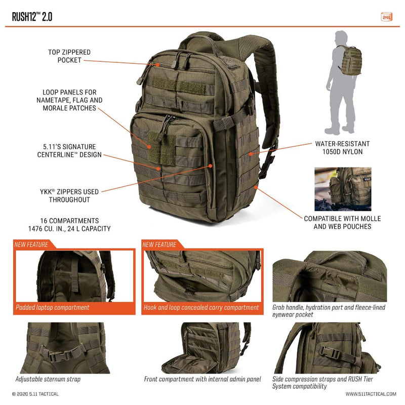Load image into Gallery viewer, 5.11 Tactical Backpack Rush 12 2.0 Military Molle Pack, CCW with Multiple Compartments, 24 Liter, Small, Style 56562, Multicam