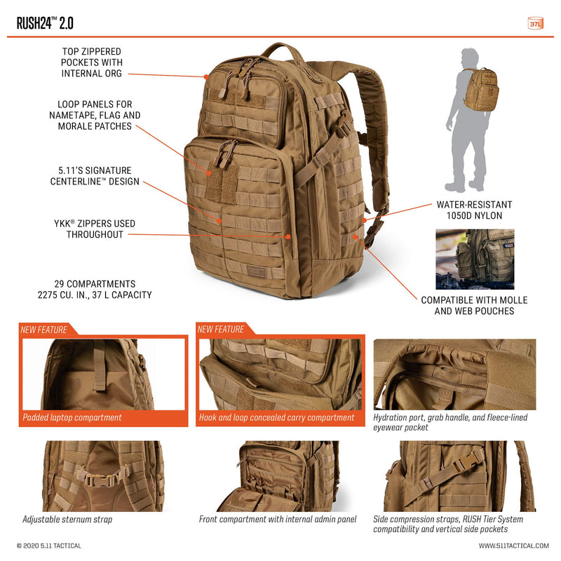 Load image into Gallery viewer, 5.11 Tactical Backpack, Rush 24 2.0, Military Molle Pack, CCW with Multiple Compartments, 37 Liter, Medium, Style 56563, Dark Navy