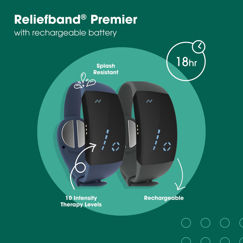 Load image into Gallery viewer, Reliefband Premier | FDA Cleared | Vomiting Relief for Motion Sickness (Car, Air, Train, Sea), & Morning Sickness | Drug Free (Charcoal)