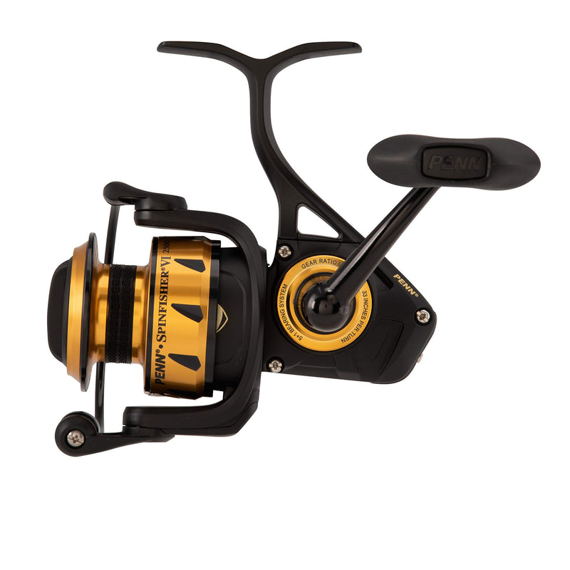 Load image into Gallery viewer, PENN Spinfisher VI Spinning Inshore/Nearshore Fishing Reel, HT-100 Front Drag, Max of 25lb | 11.3kg, Made with an All-Metal Reel Body and Spool Design,Black/Gold, 5500