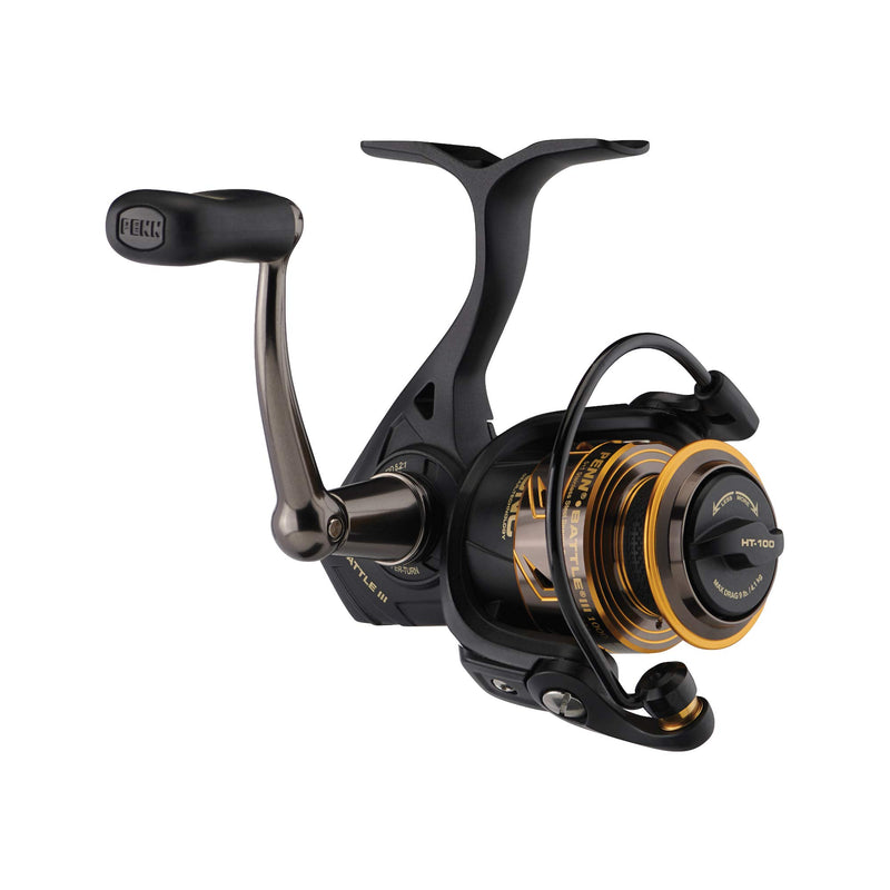 Load image into Gallery viewer, PENN Battle III Spinning Inshore/Nearshore Fishing Reel, HT-100 Front Drag, max of 25lb | 11.3kg, Made with Sturdy All-Aluminum Composition for Durability, 6000, Black Gold