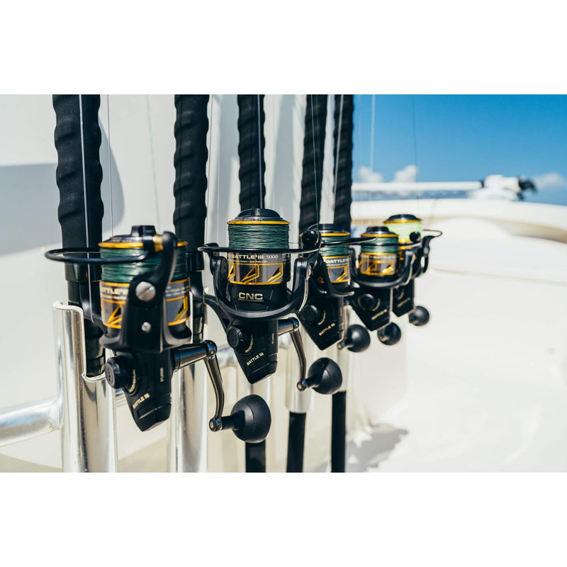 Load image into Gallery viewer, PENN Battle III Spinning Inshore/Nearshore Fishing Reel, HT-100 Front Drag, max of 25lb | 11.3kg, Made with Sturdy All-Aluminum Composition for Durability, 6000, Black Gold