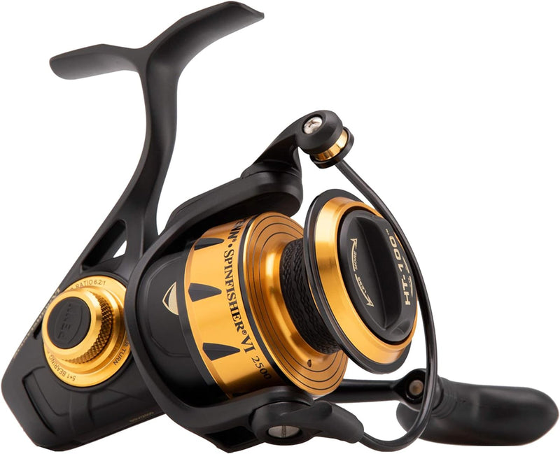 Load image into Gallery viewer, PENN Spinfisher VI Spinning Inshore Fishing Reel, HT-100 Front Drag, Max of 15lb | 6.8kg, Made with an All-Metal Reel Body and Spool Design, 2500, Black Gold