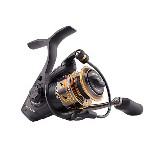 Load image into Gallery viewer, PENN Battle III Spinning Inshore Fishing Reel, HT-100 Front Drag, max of 15lb | 6.8kg, Made with Sturdy All-Aluminum Composition for Durability,Black/Gold