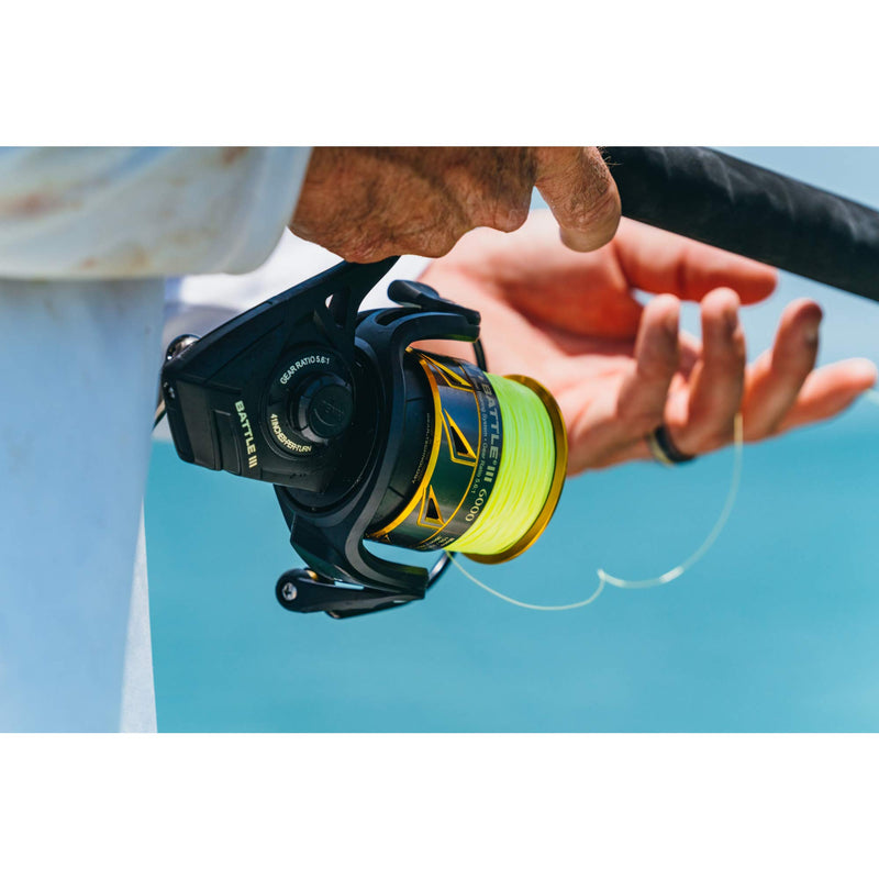 Load image into Gallery viewer, PENN Battle III Spinning Inshore/Nearshore Fishing Reel, HT-100 Front Drag, max of 25lb | 11.3kg, Made with Sturdy All-Aluminum Composition for Durability, 6000, Black Gold