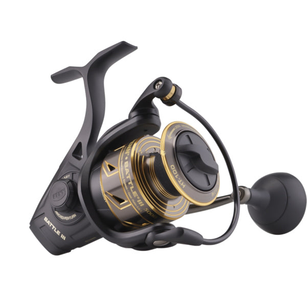 Load image into Gallery viewer, PENN Battle III Spinning Inshore/Nearshore Fishing Reel, HT-100 Front Drag, max of 25lb | 11.3kg, Made with Sturdy All-Aluminum Composition for Durability, 5000, Black Gold