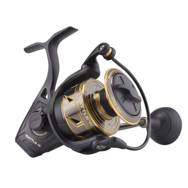 Load image into Gallery viewer, PENN Battle III Spinning Inshore/Nearshore Fishing Reel, HT-100 Front Drag, max of 25lb | 11.3kg, Made with Sturdy All-Aluminum Composition for Durability, 6000, Black Gold