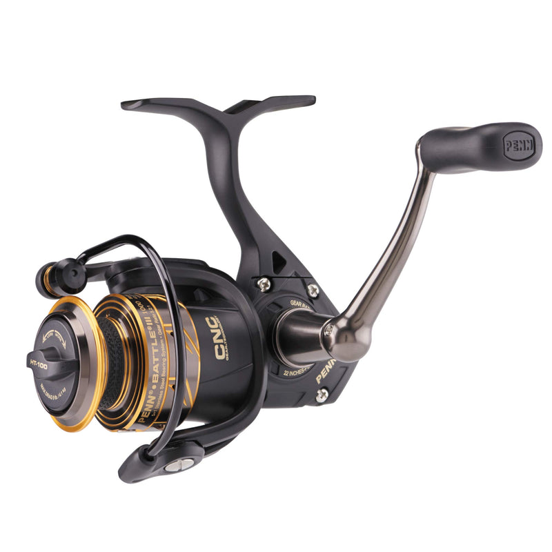 Load image into Gallery viewer, PENN Battle III Spinning Inshore/Nearshore Fishing Reel, HT-100 Front Drag, max of 25lb | 11.3kg, Made with Sturdy All-Aluminum Composition for Durability, 6000, Black Gold