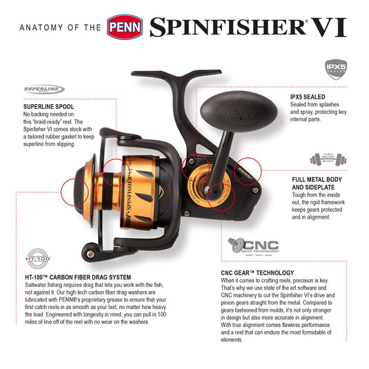 PENN Spinfisher VI Spinning Inshore/Nearshore Fishing Reel, HT-100 Front Drag, Max of 25lb | 11.3kg, Made with an All-Metal Reel Body and Spool Design,Black/Gold, 5500