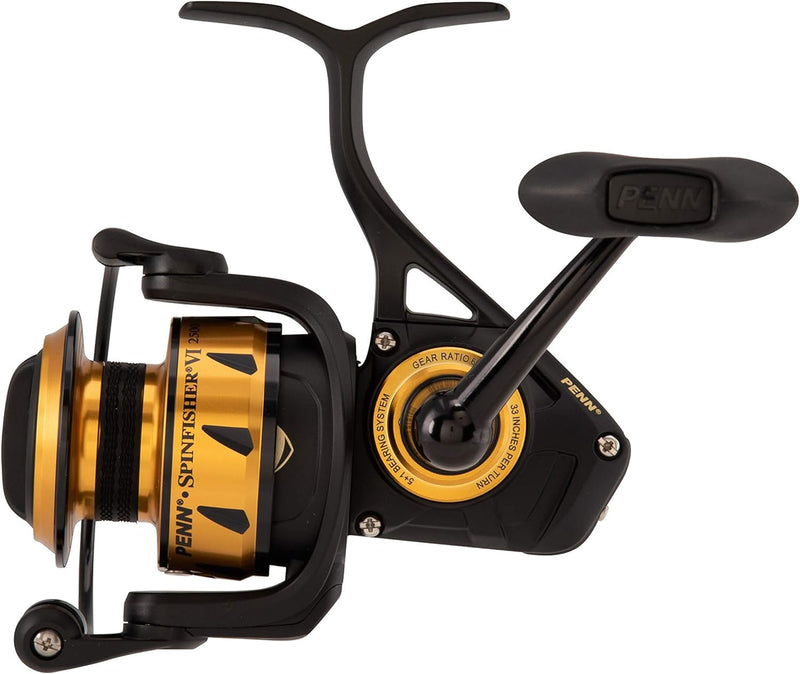 Load image into Gallery viewer, PENN Spinfisher VI Spinning Inshore Fishing Reel, HT-100 Front Drag, Max of 15lb | 6.8kg, Made with an All-Metal Reel Body and Spool Design, 2500, Black Gold
