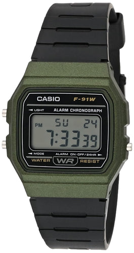 Casio Unisex Watch in Resin/Acrylic Glass with Date Display and LED Light - Water Resistance & Alarm, Green, 38.2 x 35.2 x 8.5 mm, Strap (F-91WM-3AEF)