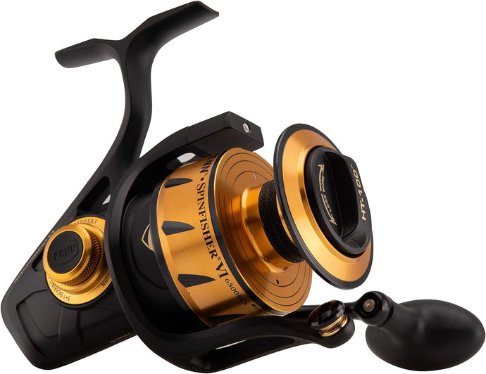 PENN Spinfisher VI Spinning Surf Fishing Reel, HT-100 Front Drag, Max of 30lb | 13.6kg, Made with an All-Metal Reel Body and Spool Design,Black/Gold